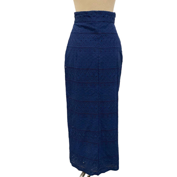 Eyelet Lace Midi/Maxi Skirt In Navy Blue By Cartolina Nantucket Cottagecore - Picture 8 of 11